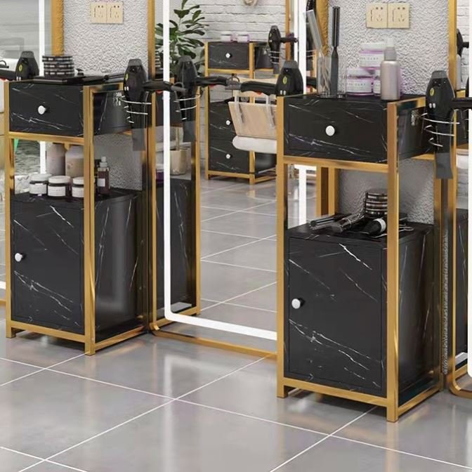 Black And Gold Nail Salon Stool Cabinet Hair Styling Station Salon Barber Cabinet Hairdresser Salon Trolley