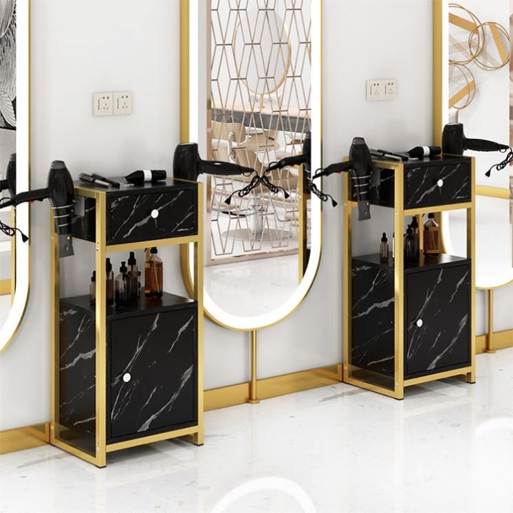Black And Gold Nail Salon Stool Cabinet Hair Styling Station Salon Barber Cabinet Hairdresser Salon Trolley