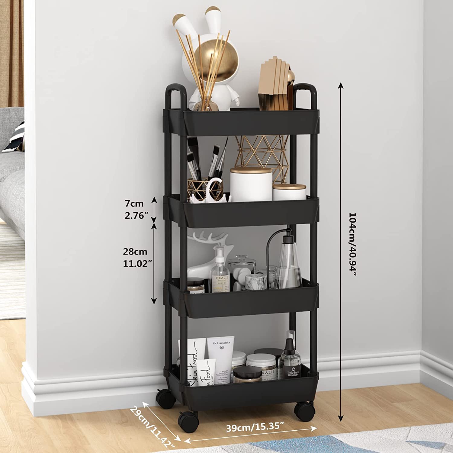 4-tier Trolley on Wheels, Kitchen Storage Utility Cart, Rolling Storage Rack for Bedroom, Bathroom, Office