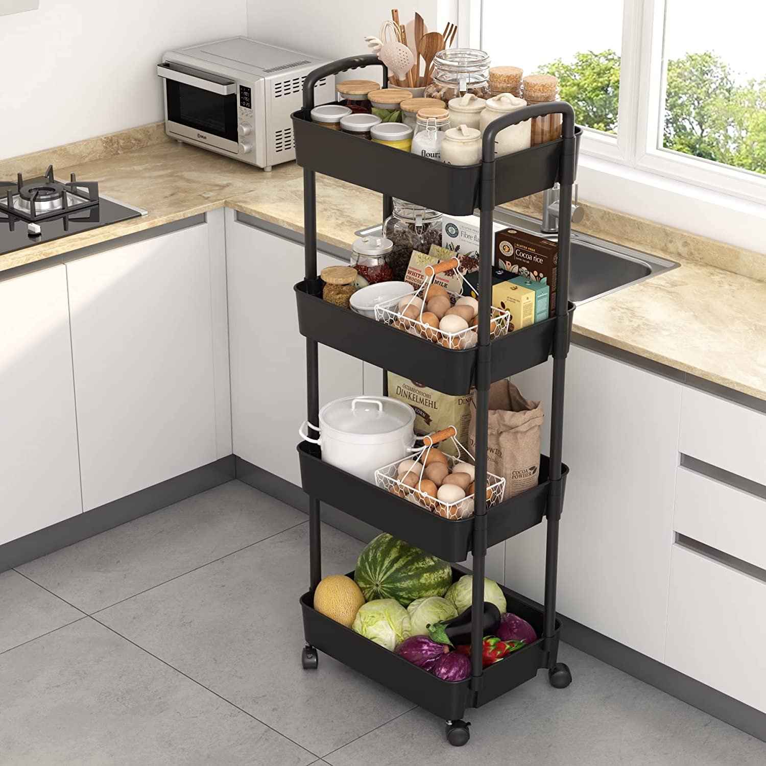 4-tier Trolley on Wheels, Kitchen Storage Utility Cart, Rolling Storage Rack for Bedroom, Bathroom, Office
