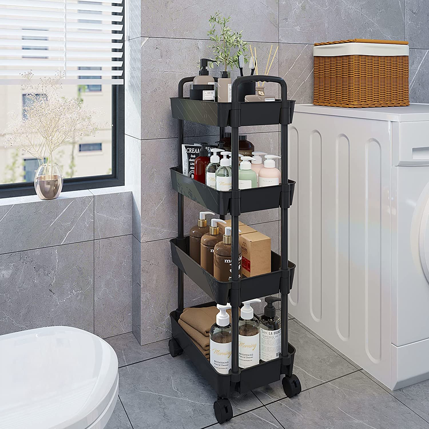 4-tier Trolley on Wheels, Kitchen Storage Utility Cart, Rolling Storage Rack for Bedroom, Bathroom, Office