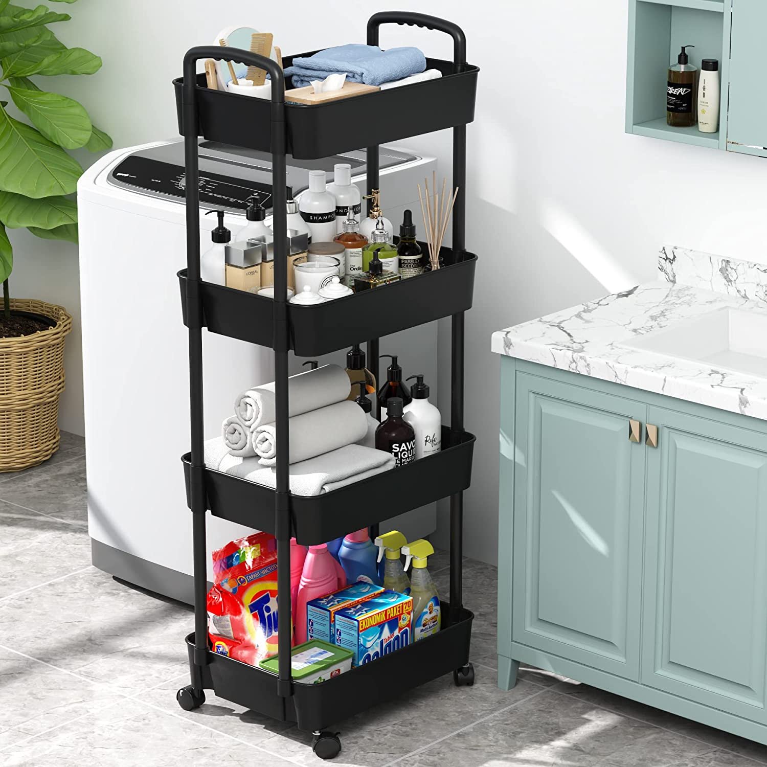 4-tier Trolley on Wheels, Kitchen Storage Utility Cart, Rolling Storage Rack for Bedroom, Bathroom, Office