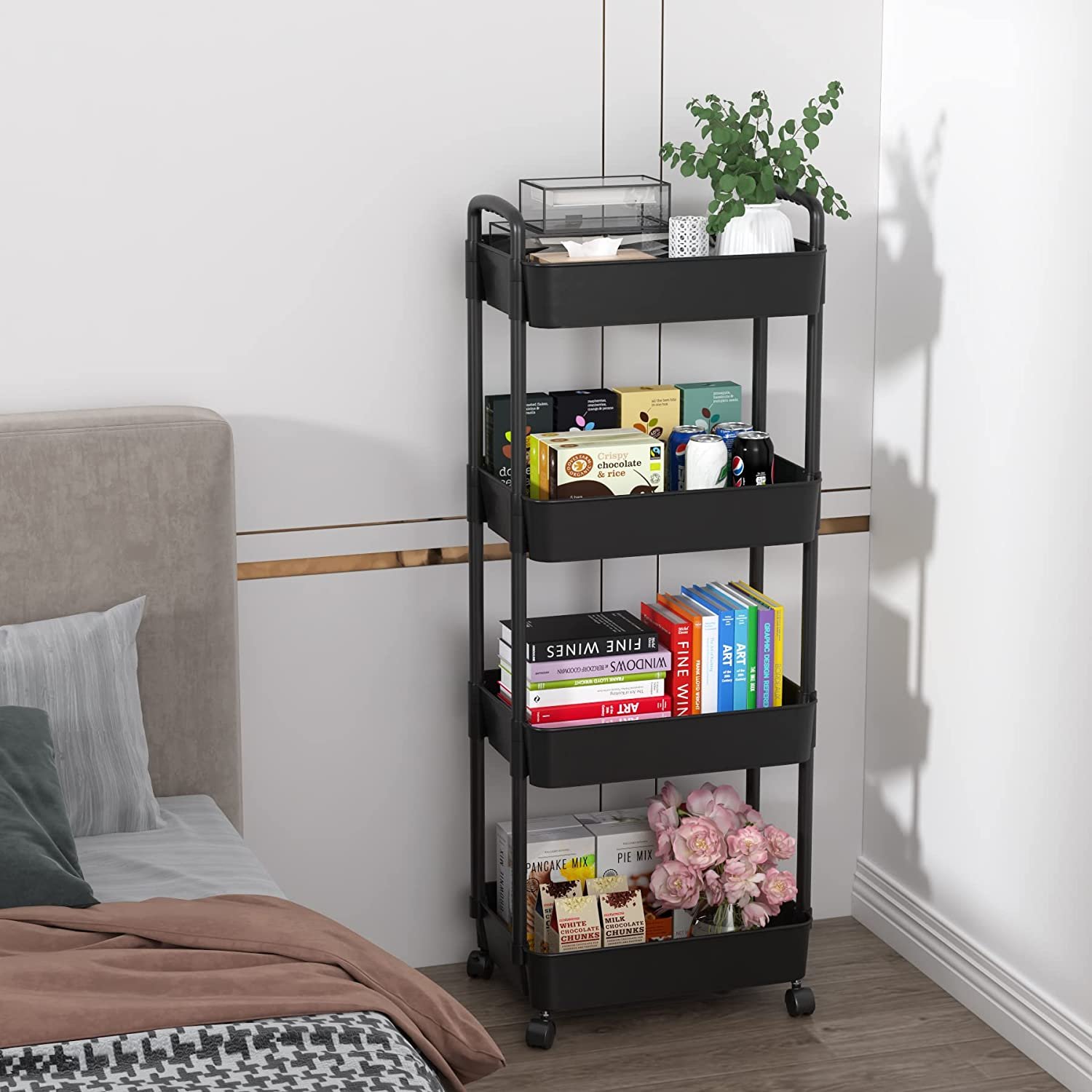 4-tier Trolley on Wheels, Kitchen Storage Utility Cart, Rolling Storage Rack for Bedroom, Bathroom, Office