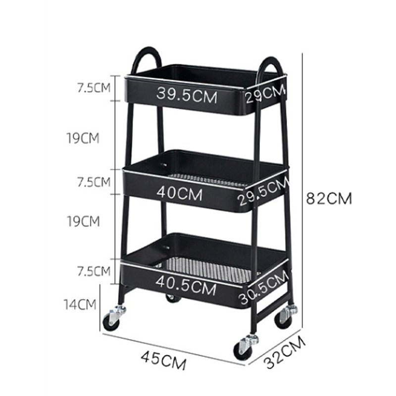 Hot Sale 3 Layers Black Metal Organizer Cart Beauty Salon Auxiliary Cart For Living Room