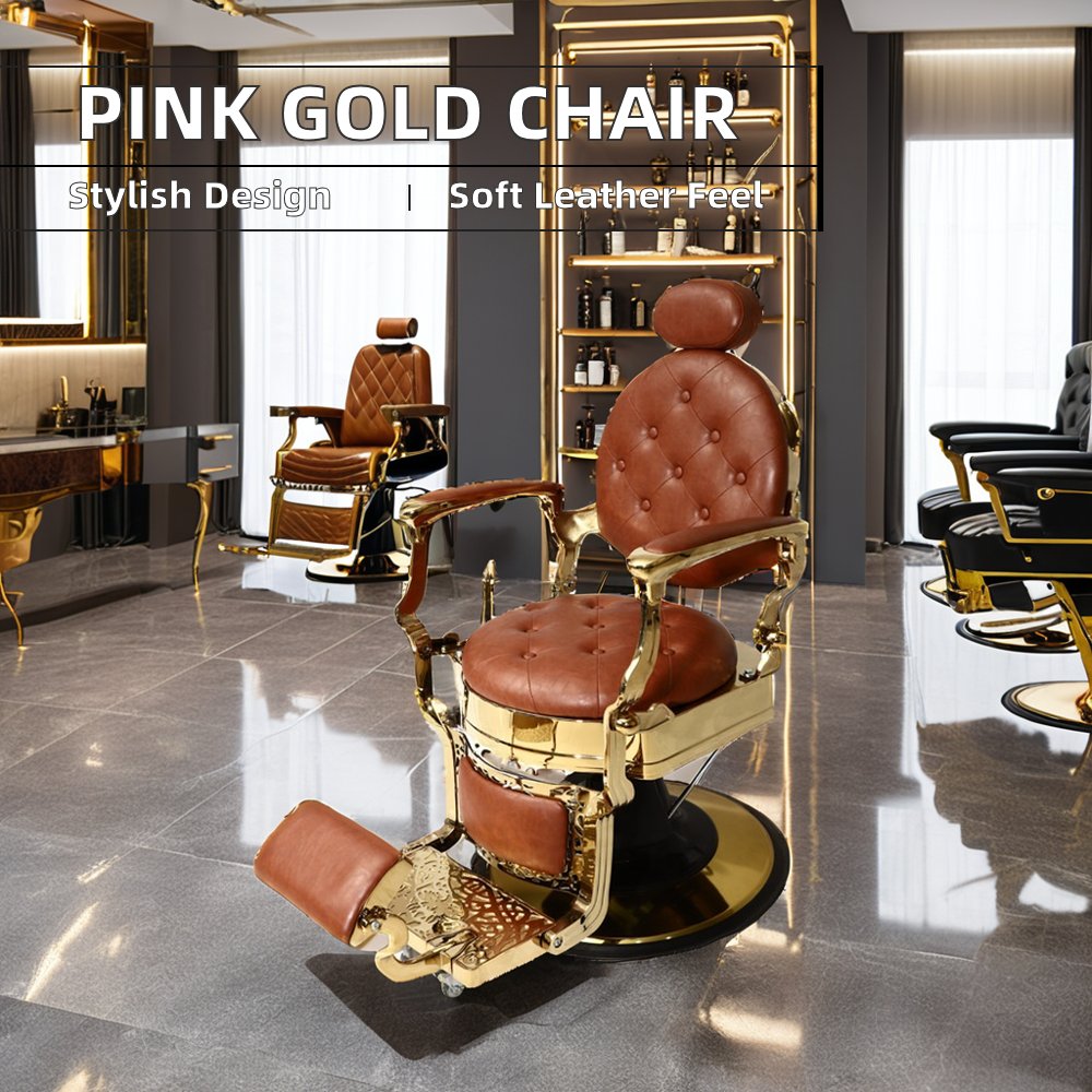 Modern Retro Pink Gold Barber Chair with Swivel Oil Head Comfortable Leather Salon Furniture for Living Room Metal Material