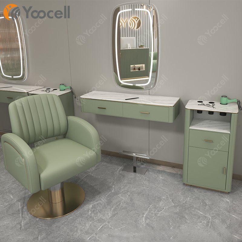 Yoocell curved hair salon mirror design salon hairdressing table mirror station barber styling chair and trolley
