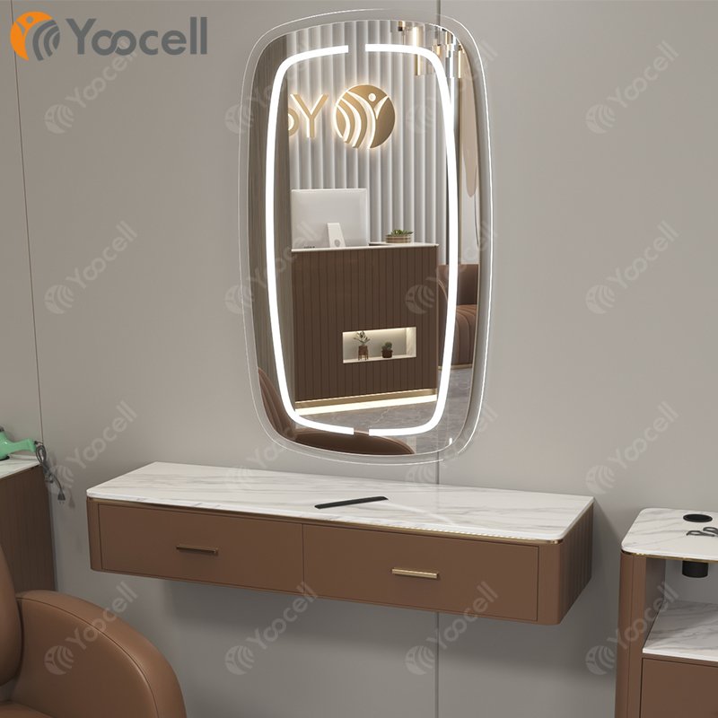 Yoocell curved hair salon mirror design salon hairdressing table mirror station barber styling chair and trolley