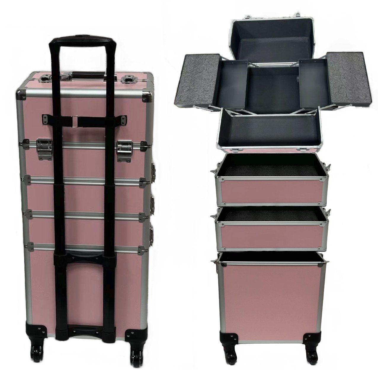 Factory wholes price 4 in 1 Trolley Makeup Train Case Aluminum Rolling makeup bag Case Travel Nail printing case with 360 wheels