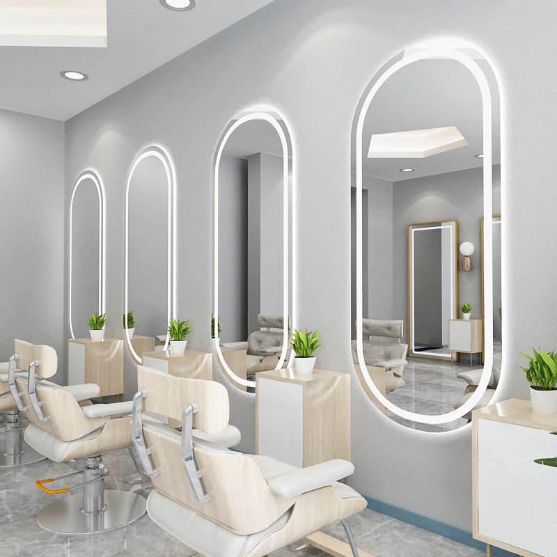 Barber Shop Frameless Round Mirror Wall Salon Furniture Commercial Furniture Can Be Matched with Table and Chair with LED Light