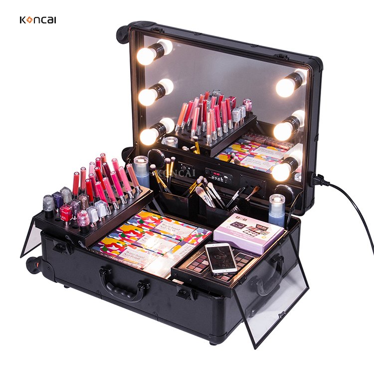 KONCAI Custom aluminum travel cosmetic suitcase with light vanity box beauty mirror professional trolley makeup case