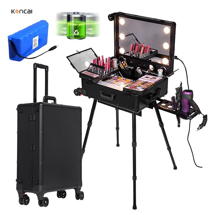 KONCAI Custom aluminum travel cosmetic suitcase with light vanity box beauty mirror professional trolley makeup case