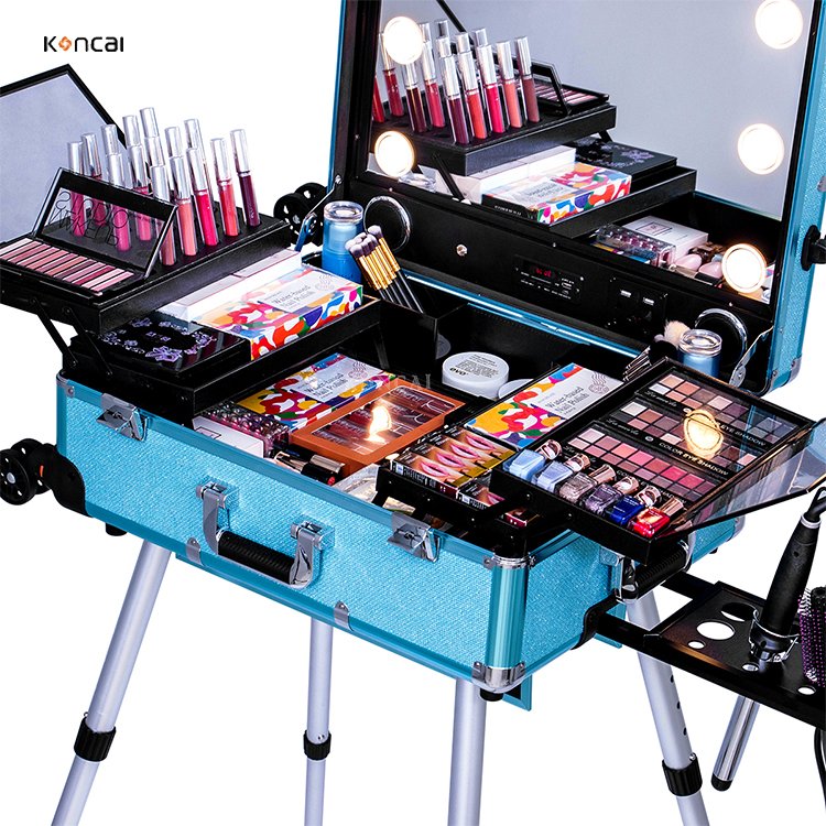 KONCAI Custom aluminum travel cosmetic suitcase with light vanity box beauty mirror professional trolley makeup case
