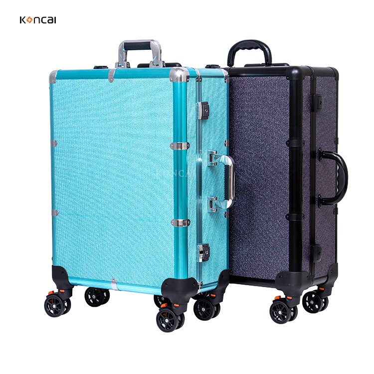 KONCAI Custom aluminum travel cosmetic suitcase with light vanity box beauty mirror professional trolley makeup case