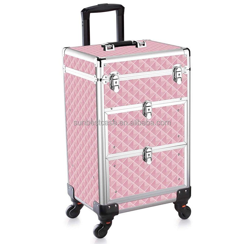 Pink Rolling Makeup Train Case Lockable Portable Cosmetic Organizer Trolley 2 Drawer Beauty Salon