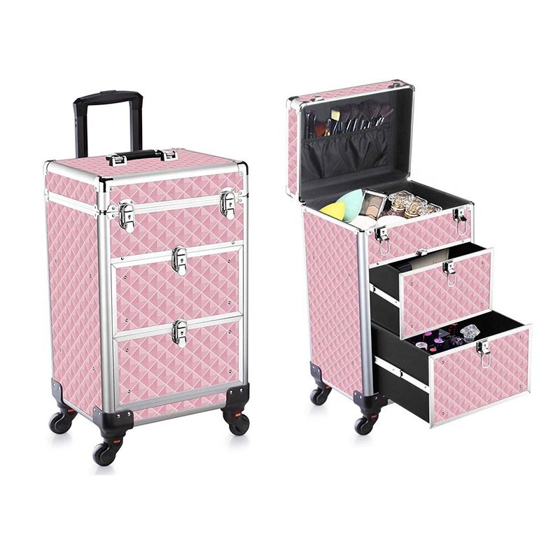 Pink Rolling Makeup Train Case Lockable Portable Cosmetic Organizer Trolley 2 Drawer Beauty Salon