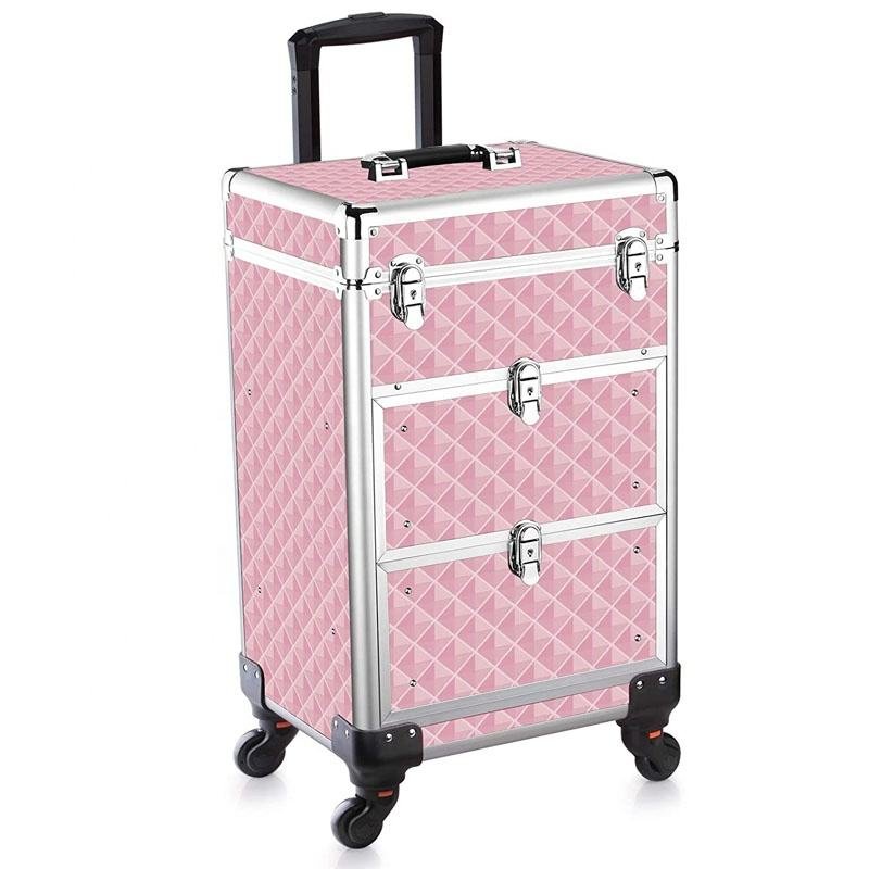 Pink Rolling Makeup Train Case Lockable Portable Cosmetic Organizer Trolley 2 Drawer Beauty Salon