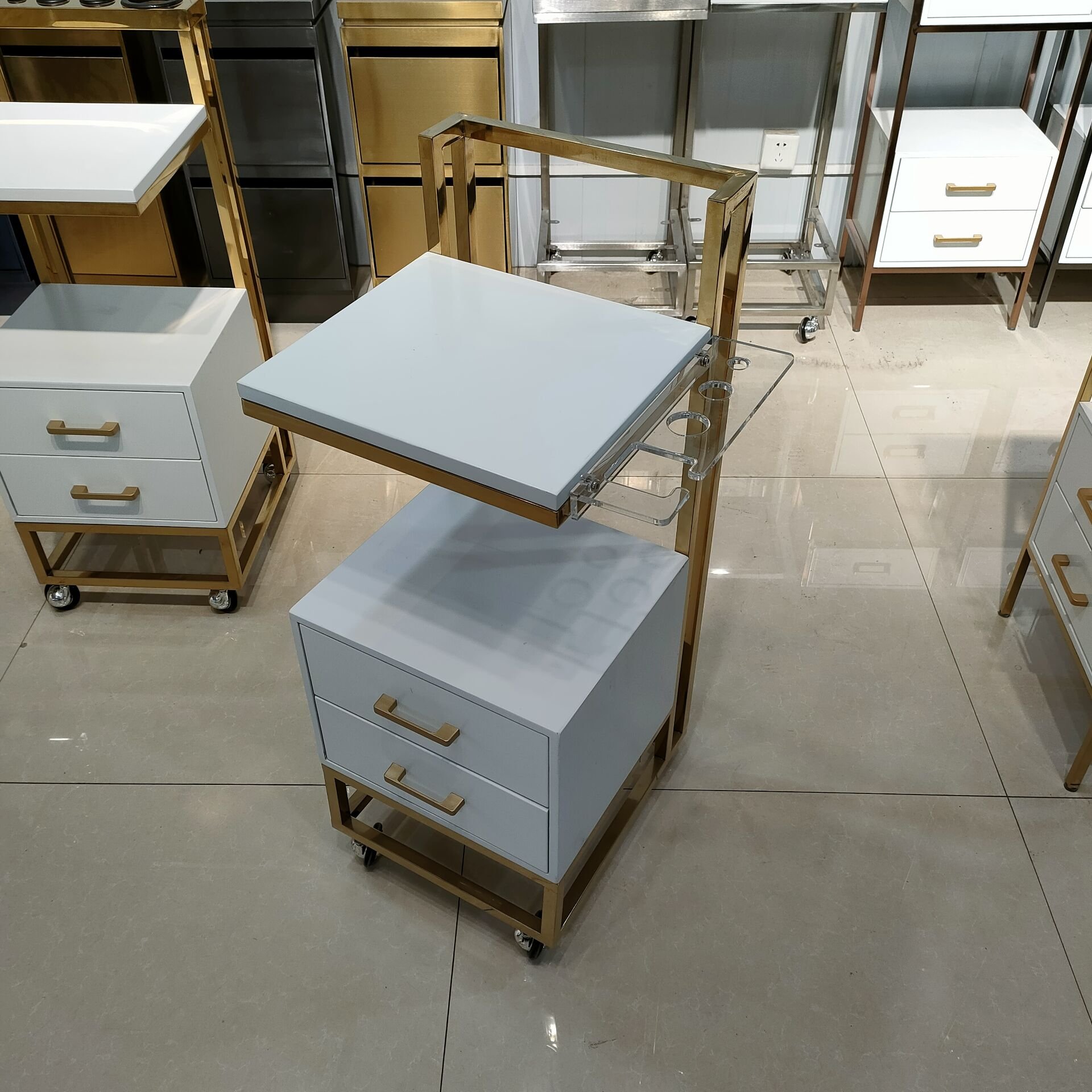 High-quality Barber Sop Furniture Styling Stainless Steel Salon Tool Beauty Hair Salon Side Trolley with wheels and Drawers