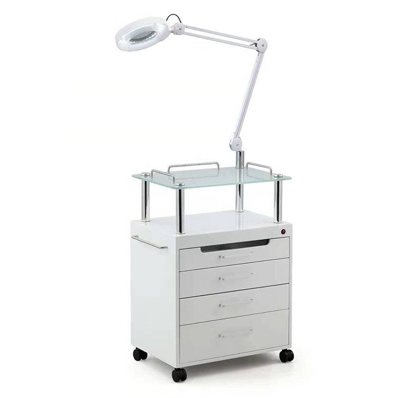 Modern white wooden saloon furniture beauty trolley multilayer glass tool cart salon trolley with storage cabinet