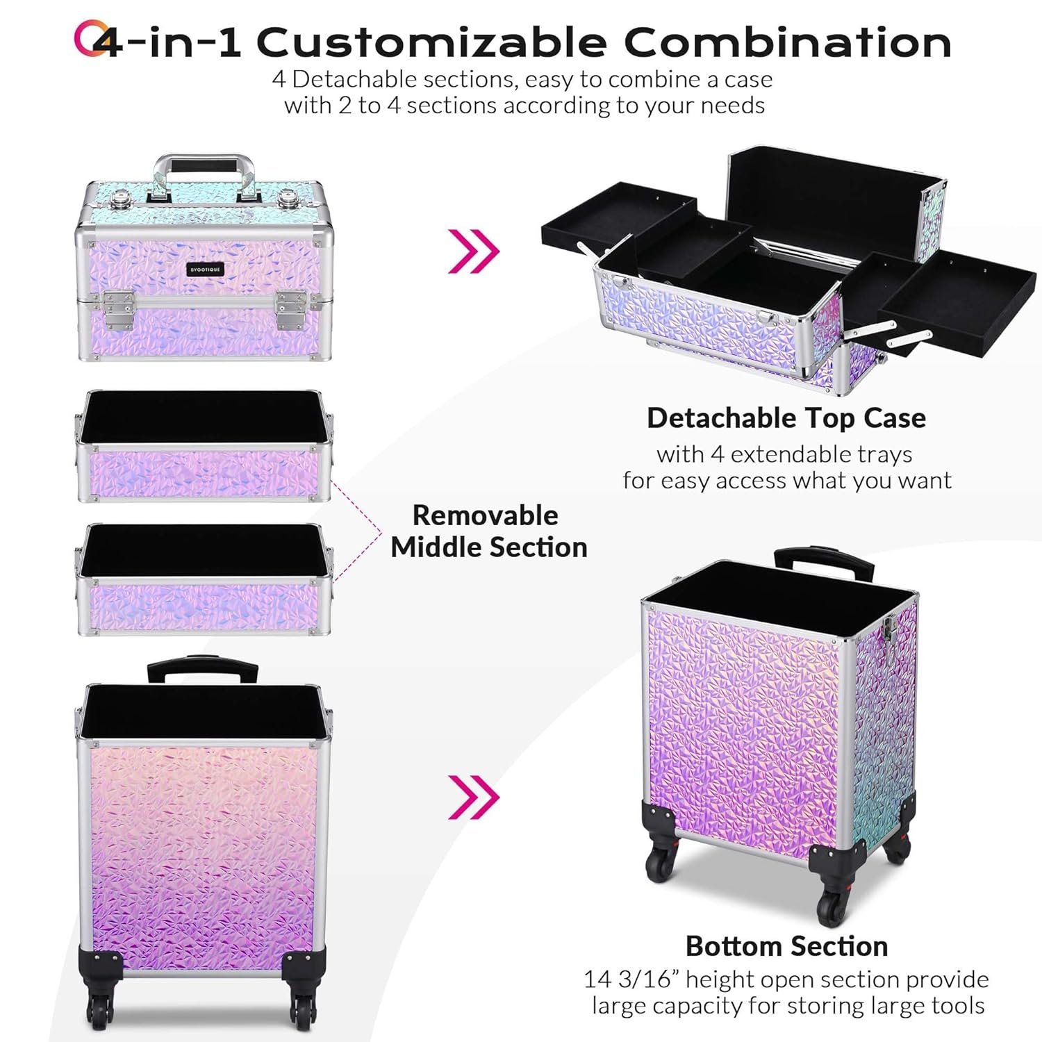 Rolling Makeup Train Case 4in1 Cosmetic Trolley Organizer Travel Case Lockable Salon Barber Case