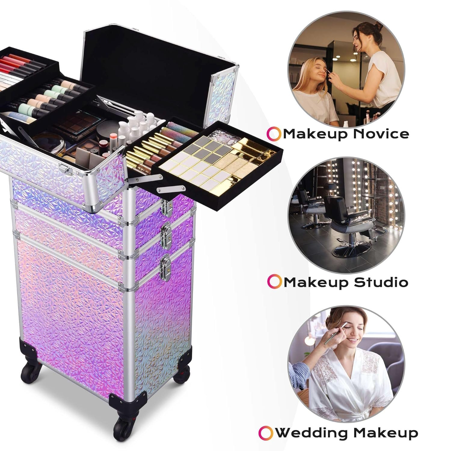 Rolling Makeup Train Case 4in1 Cosmetic Trolley Organizer Travel Case Lockable Salon Barber Case