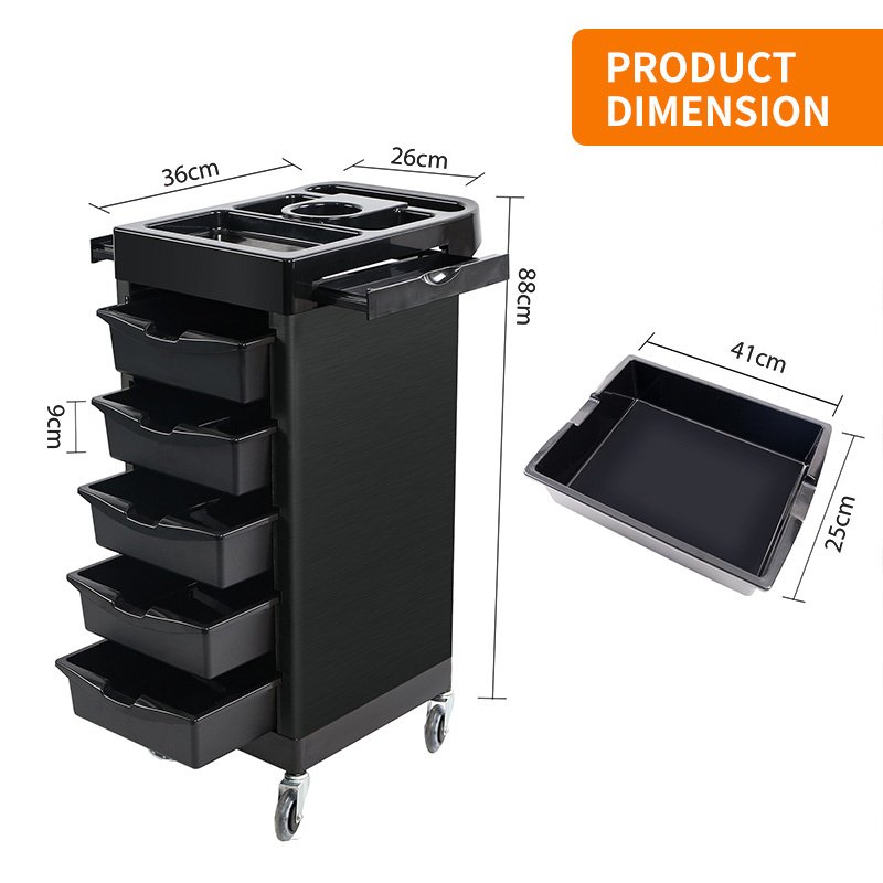 Black Hair Salon Trolley Cart with Lock and Wheels, Includes Storage Drawers