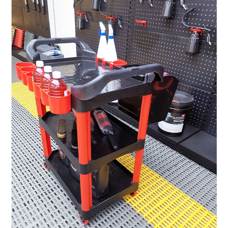 Utility 3 tier rolling hand push tool cart trolley with wheels for service detailing car wash beauty waxing janitorial plastic