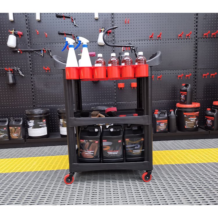 Utility 3 tier rolling hand push tool cart trolley with wheels for service detailing car wash beauty waxing janitorial plastic