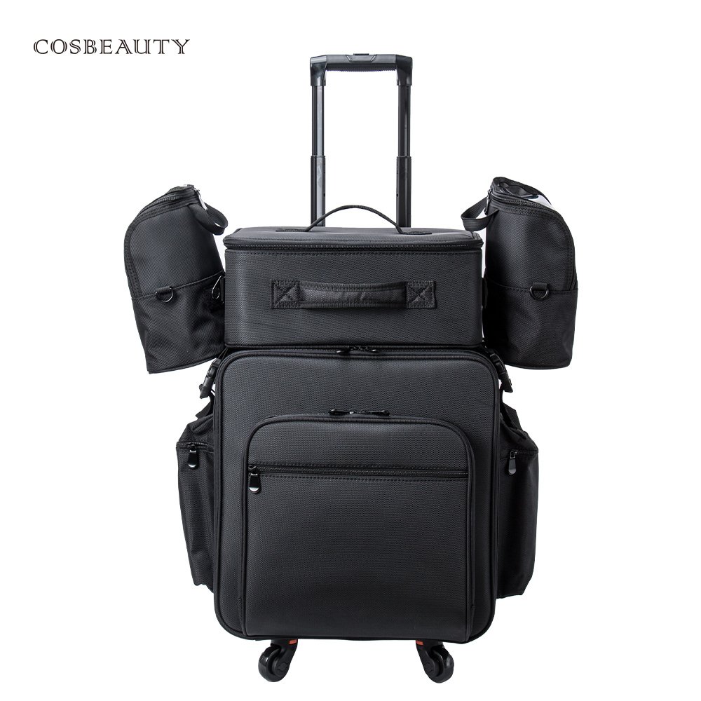 Professional 4 In 1 Travel Nylon Custom Make Up Box Large Black Cosmetic Organizer Makeup Rolling Trolley Organizer Beauty Case