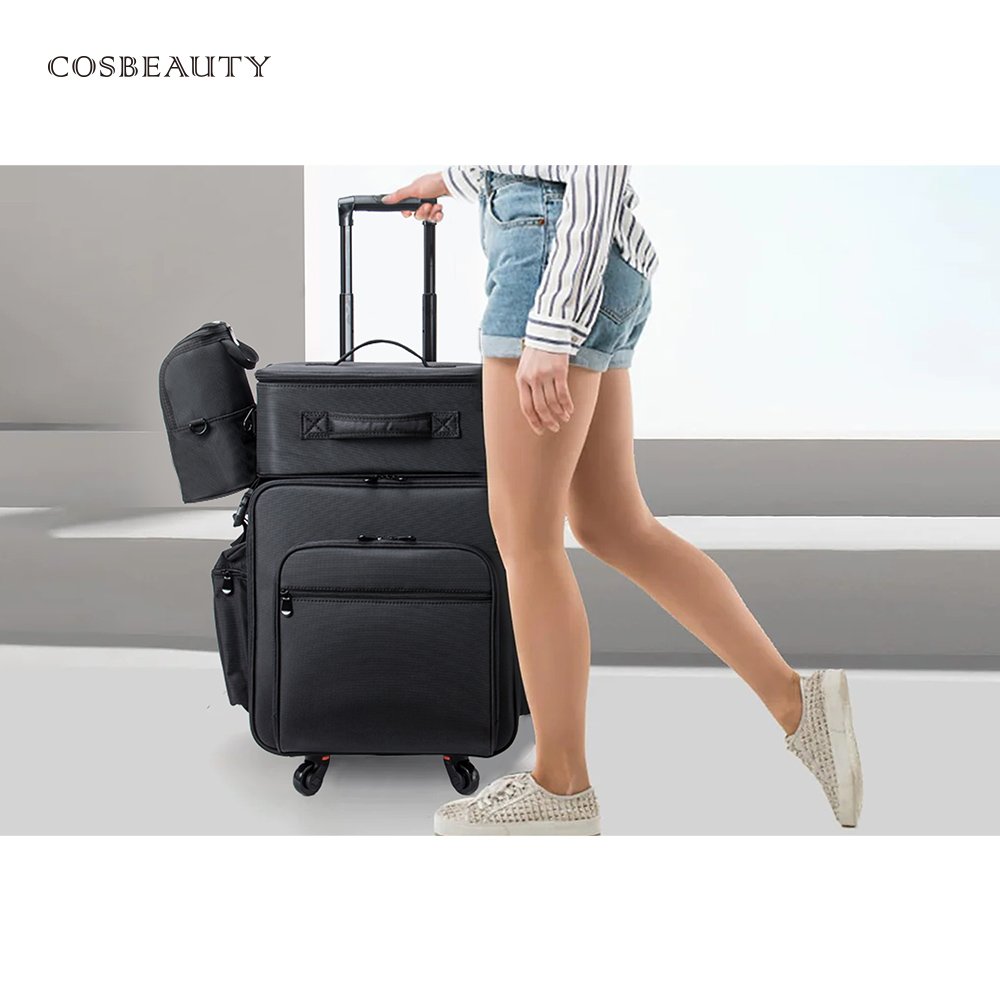 Professional 4 In 1 Travel Nylon Custom Make Up Box Large Black Cosmetic Organizer Makeup Rolling Trolley Organizer Beauty Case