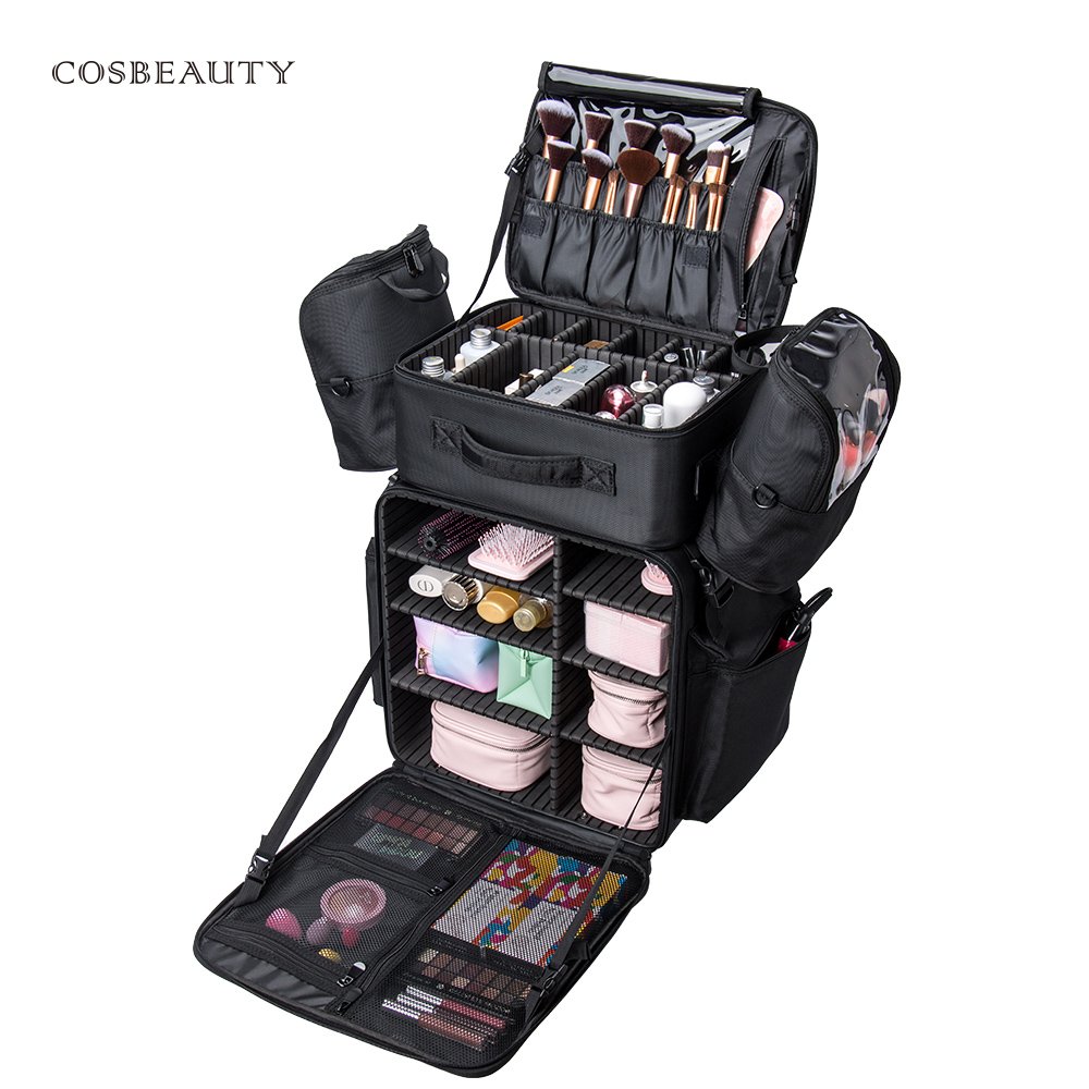 Professional 4 In 1 Travel Nylon Custom Make Up Box Large Black Cosmetic Organizer Makeup Rolling Trolley Organizer Beauty Case