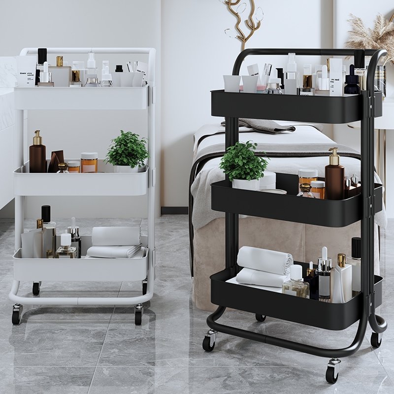Household storage organizer 3 layer salon trolley utility rack trolley storage rack metal mobile rolling trolley