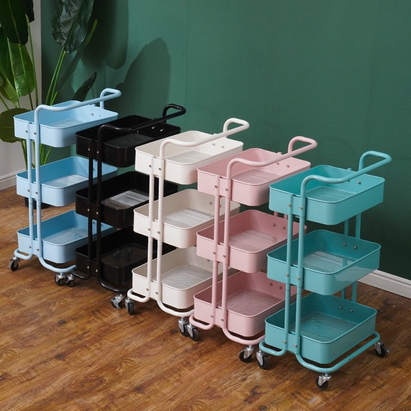 Household storage organizer 3 layer salon trolley utility rack trolley storage rack metal mobile rolling trolley