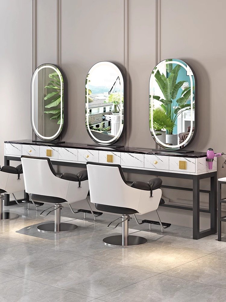 High quality beauty hair salon station silver double side styling station barber shop mirrors with led lights