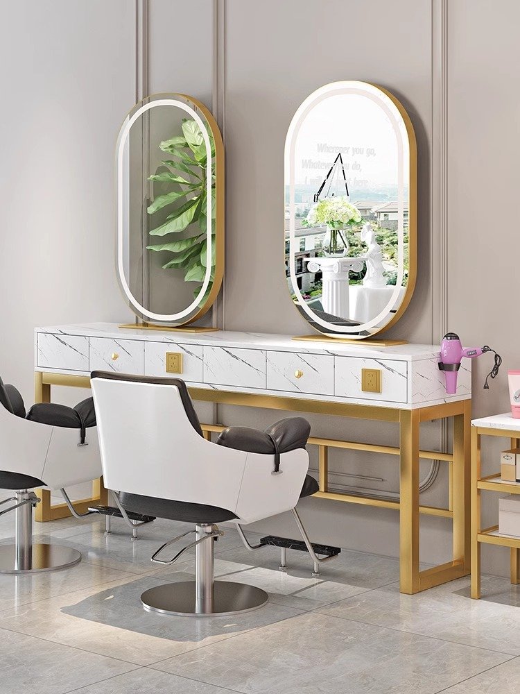 High quality beauty hair salon station silver double side styling station barber shop mirrors with led lights