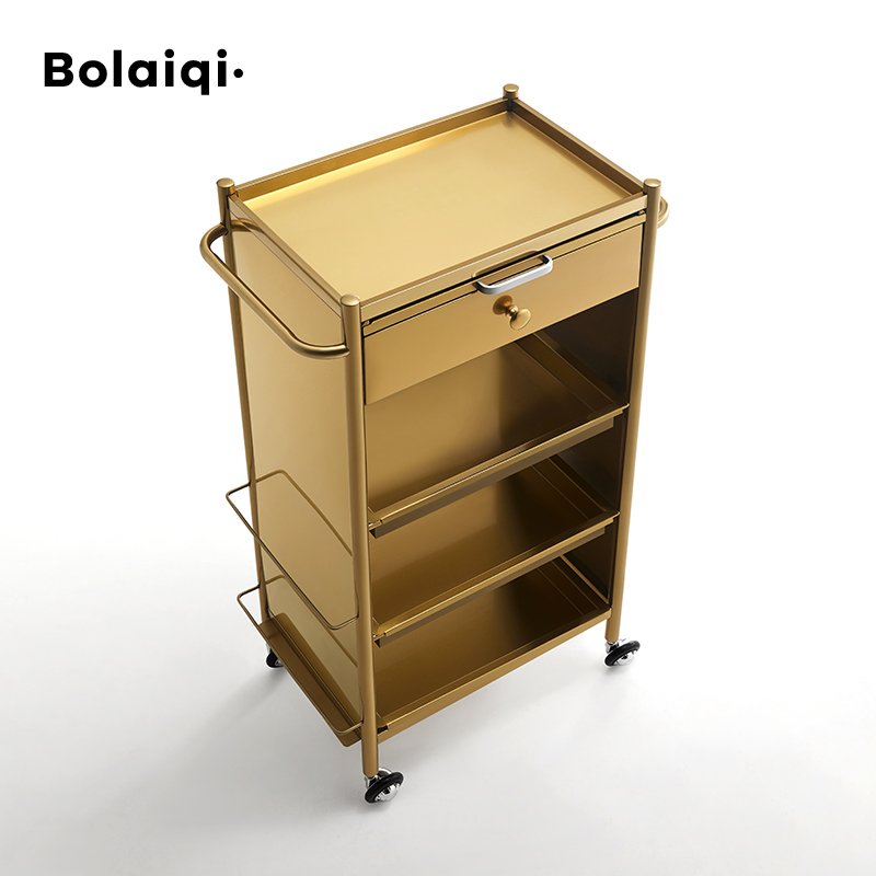 BOLAIQI Luxury Salon furniture Hairdressing Working Cart Gold Stainless Steel Salon Trolley With Appliances Holder