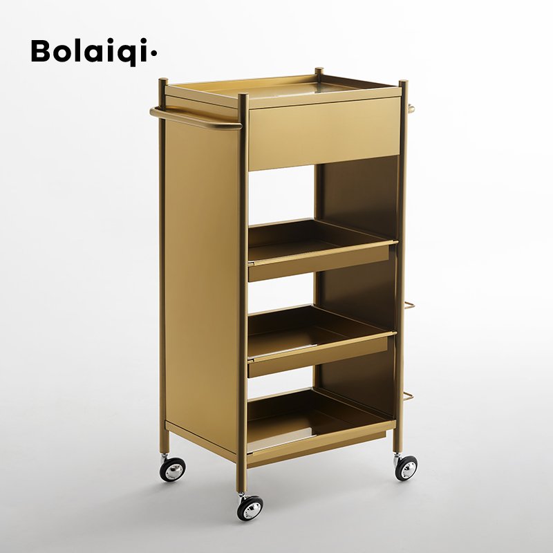 BOLAIQI Luxury Salon furniture Hairdressing Working Cart Gold Stainless Steel Salon Trolley With Appliances Holder