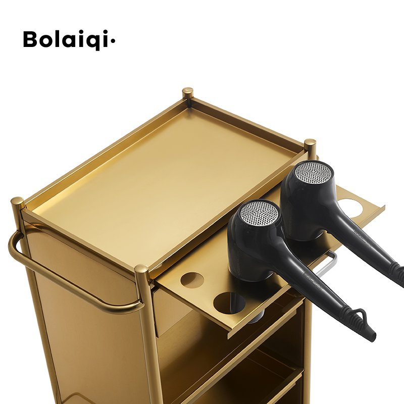 BOLAIQI Luxury Salon furniture Hairdressing Working Cart Gold Stainless Steel Salon Trolley With Appliances Holder