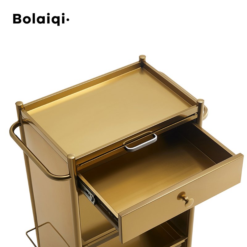 BOLAIQI Luxury Salon furniture Hairdressing Working Cart Gold Stainless Steel Salon Trolley With Appliances Holder
