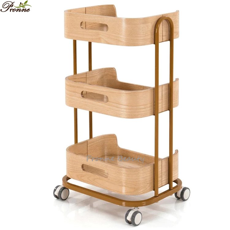 European style simple beauty spa wooden rolling salon trolley rack for sale