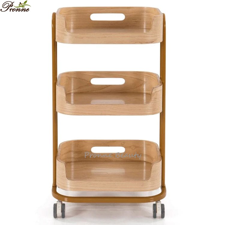 European style simple beauty spa wooden rolling salon trolley rack for sale