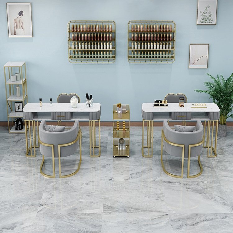 Factory wholesale modern design light luxury nail desk and chair set 80cm-140cm single and double marble desktop nail work table