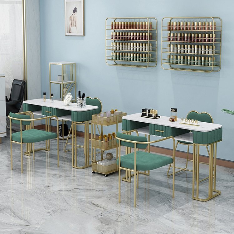 Factory wholesale modern design light luxury nail desk and chair set 80cm-140cm single and double marble desktop nail work table