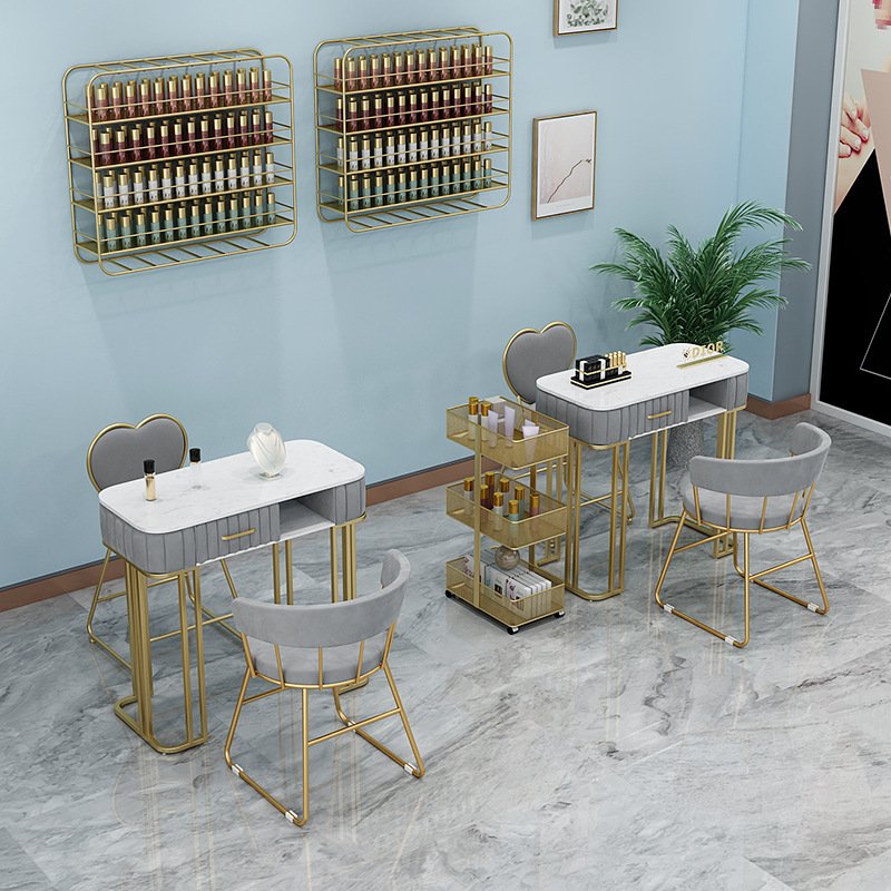 Factory wholesale modern design light luxury nail desk and chair set 80cm-140cm single and double marble desktop nail work table
