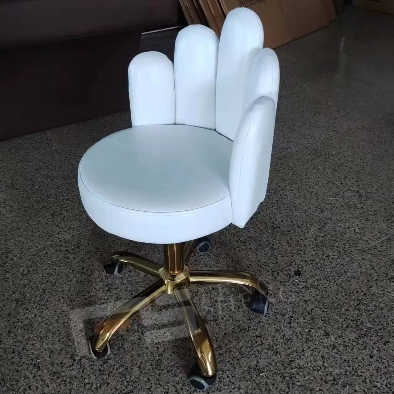Hair Beauty Salon Furniture PU Cushion Barber Chair White Color With Gold Base Adjustable Height Rotating Salon Stool