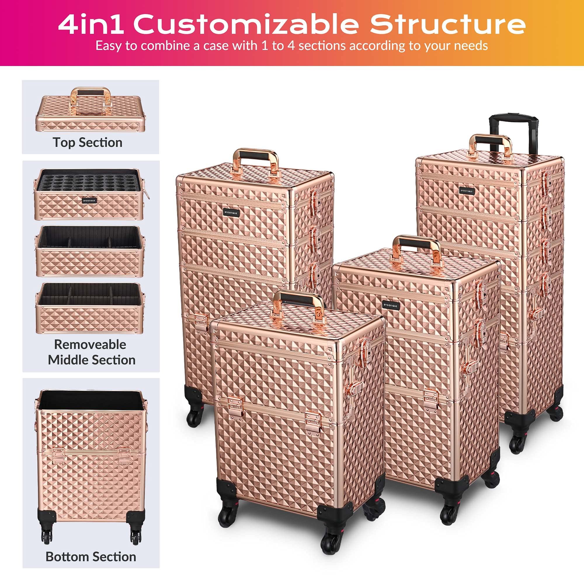 4 in 1 Makeup Case Aluminum Cosmetic Train Rolling Trolley Case with Mirror Extra Large Storage