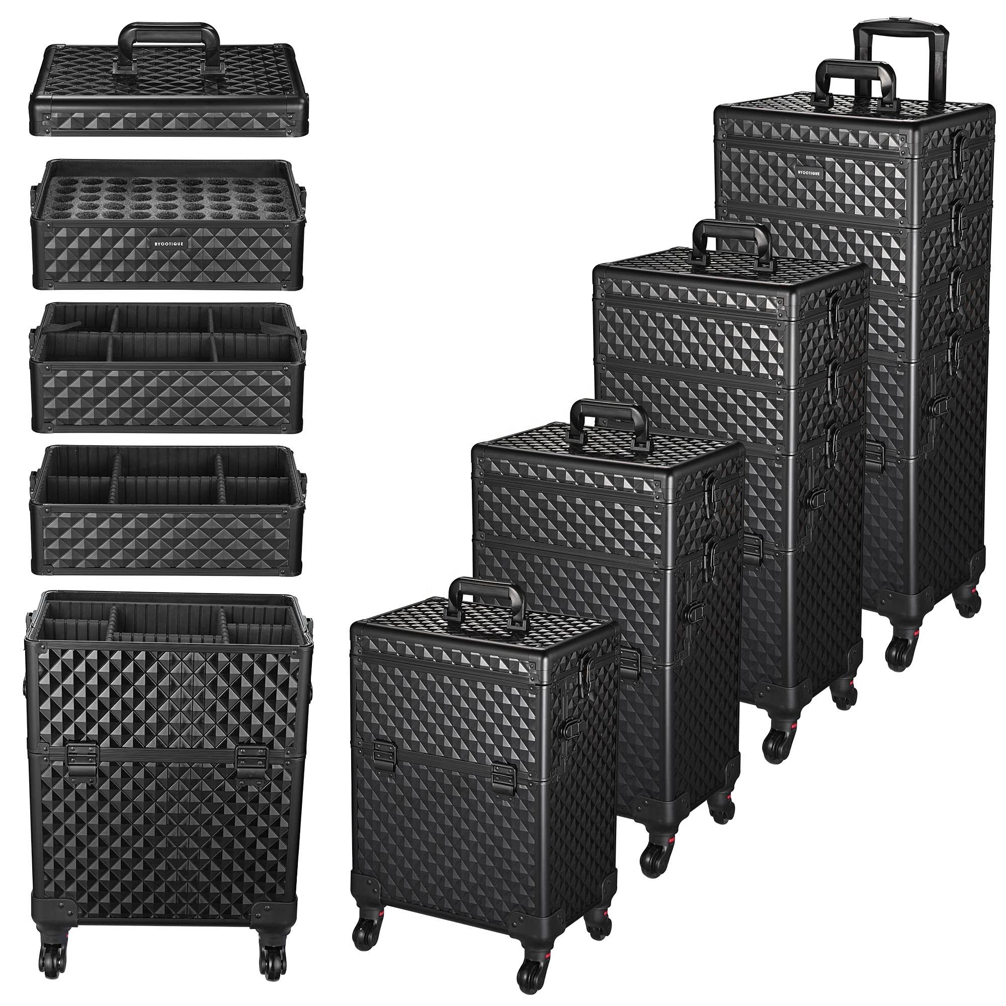 4 in 1 Makeup Case Aluminum Cosmetic Train Rolling Trolley Case with Mirror Extra Large Storage