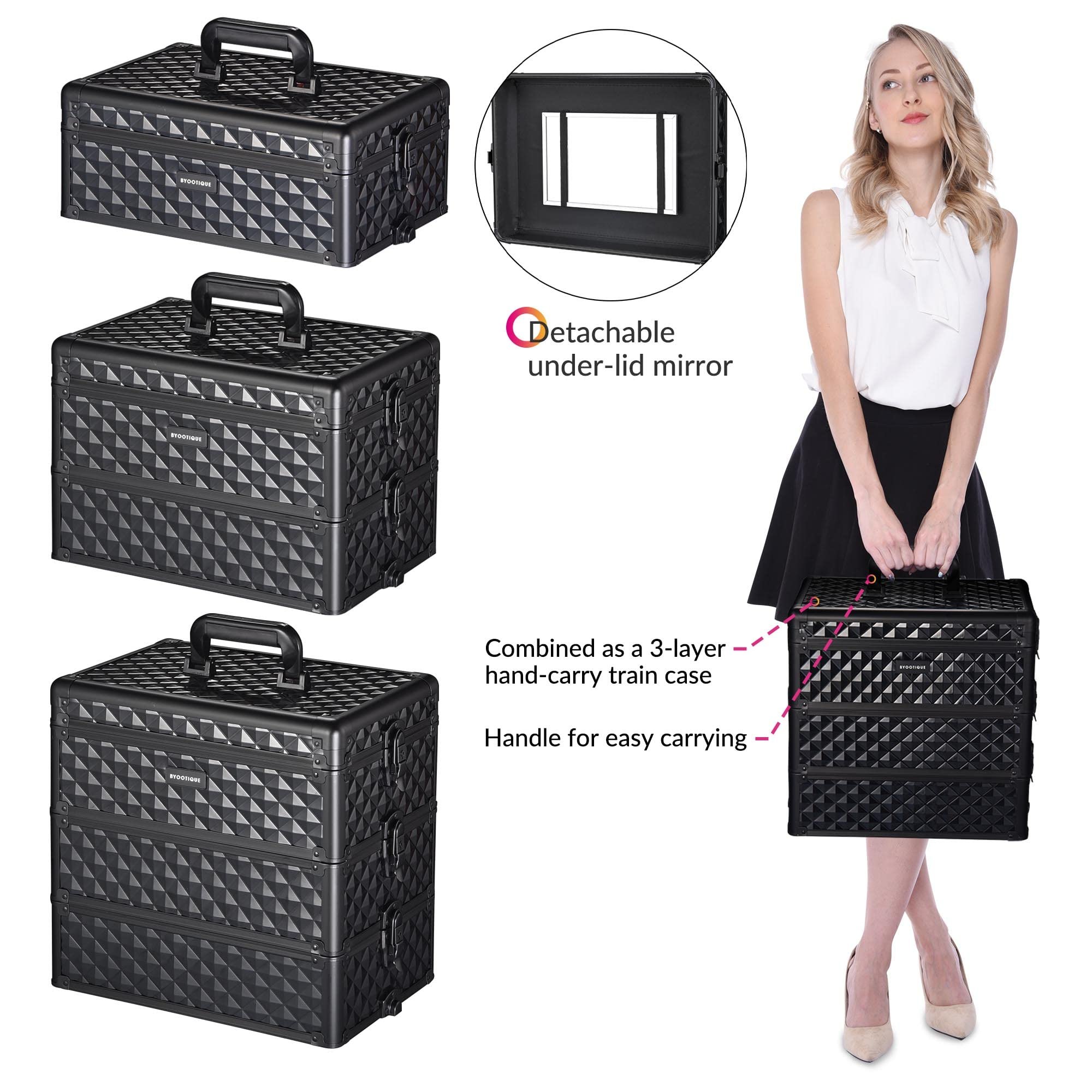 4 in 1 Makeup Case Aluminum Cosmetic Train Rolling Trolley Case with Mirror Extra Large Storage