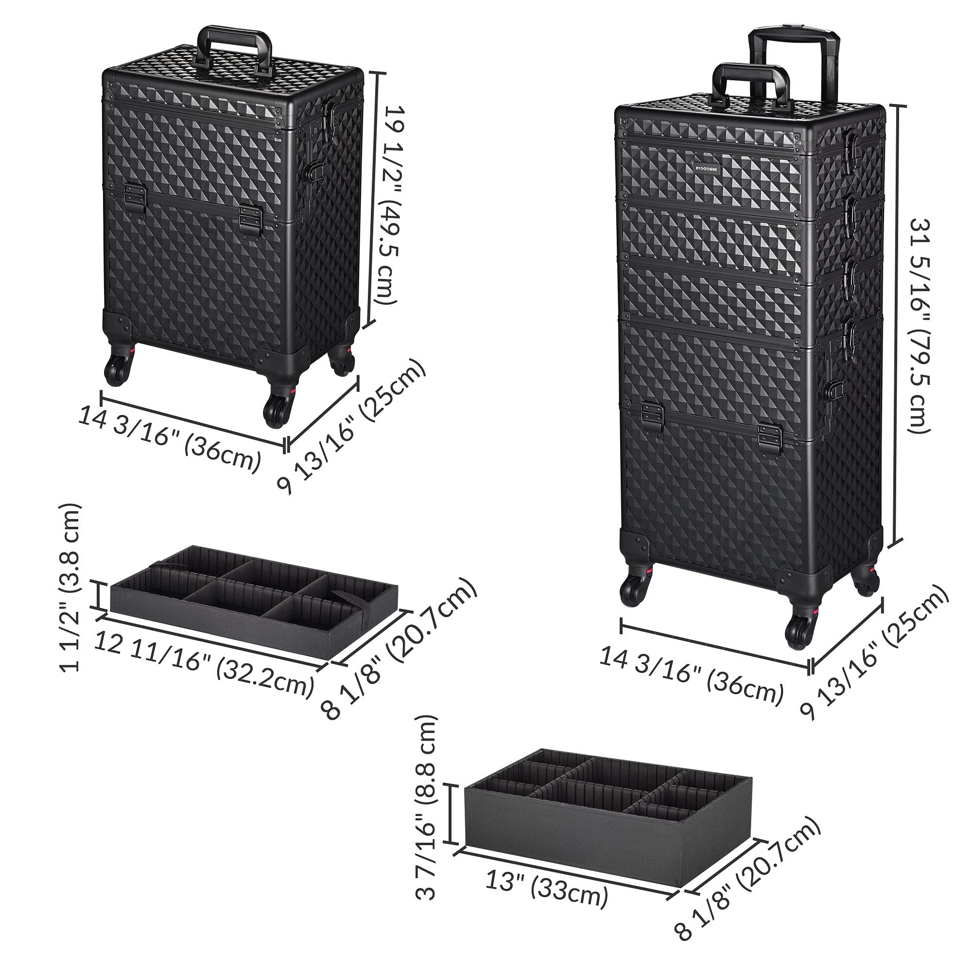 4 in 1 Makeup Case Aluminum Cosmetic Train Rolling Trolley Case with Mirror Extra Large Storage