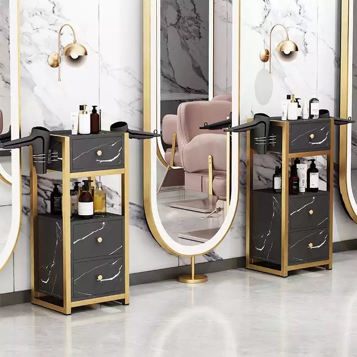 Salon Barbershop Equipment Furniture Strong Storage Metal Salon Trolley Cabinet In 3-tier Pink Gold Salon Trolley Cart