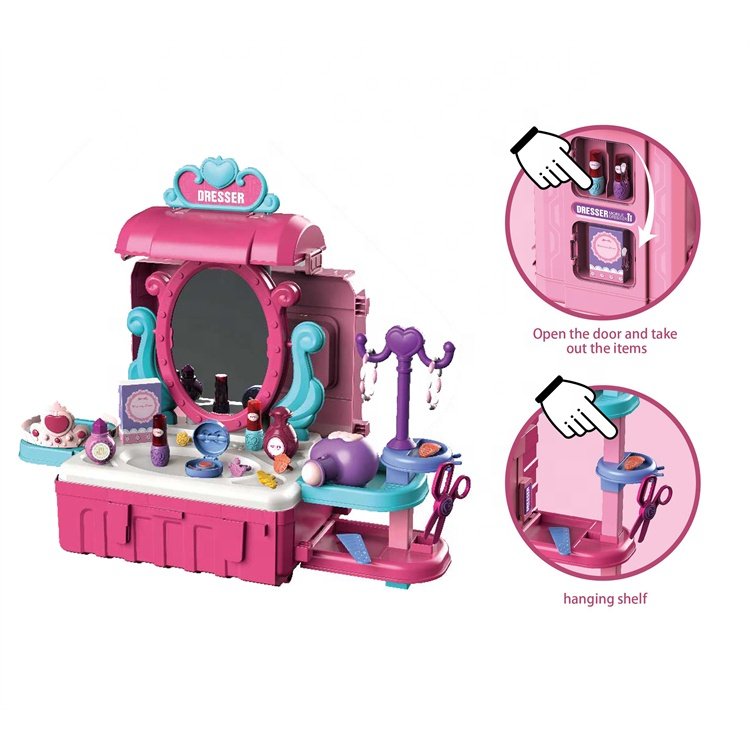 Children Cosmetic Toys Plastic Simulation Beauty Dressing Table Trolley Game 3 In 1 Kids Makeup Kit Toys